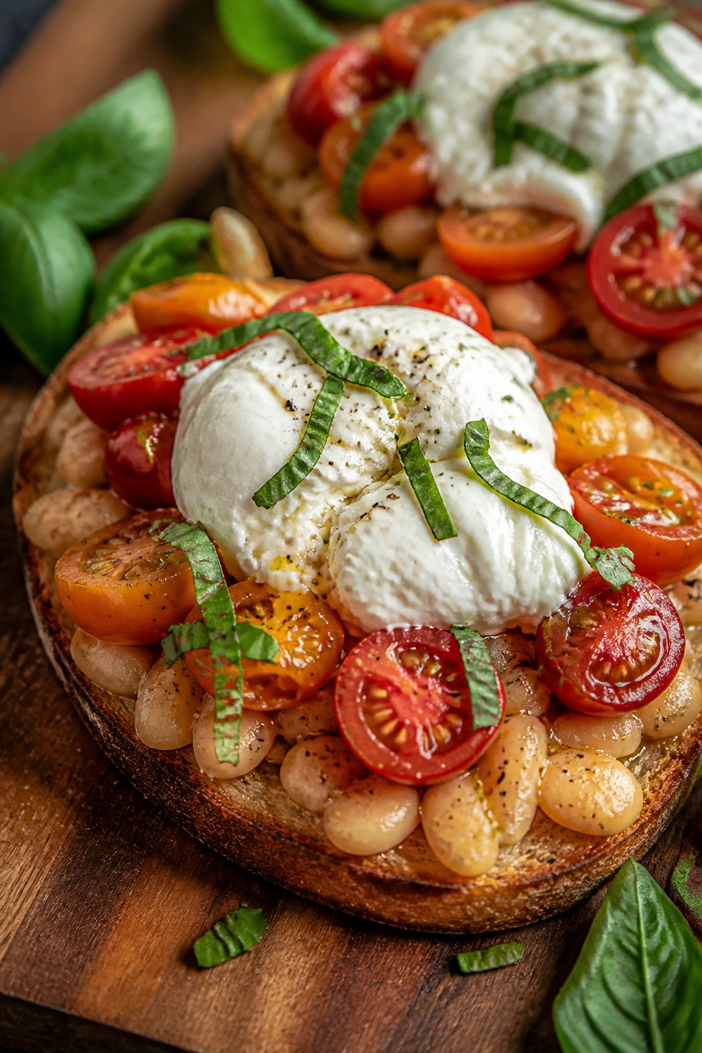 Toast with burrata, tomatoes, white beans and basil on wooden board
