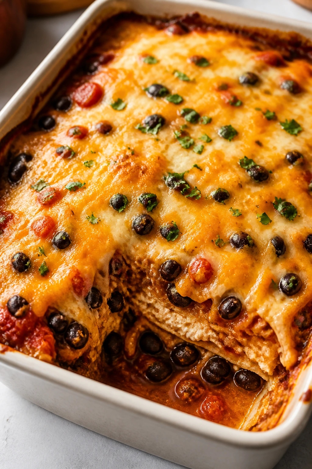Bubbly bean and cheese burrito bake in a casserole dish