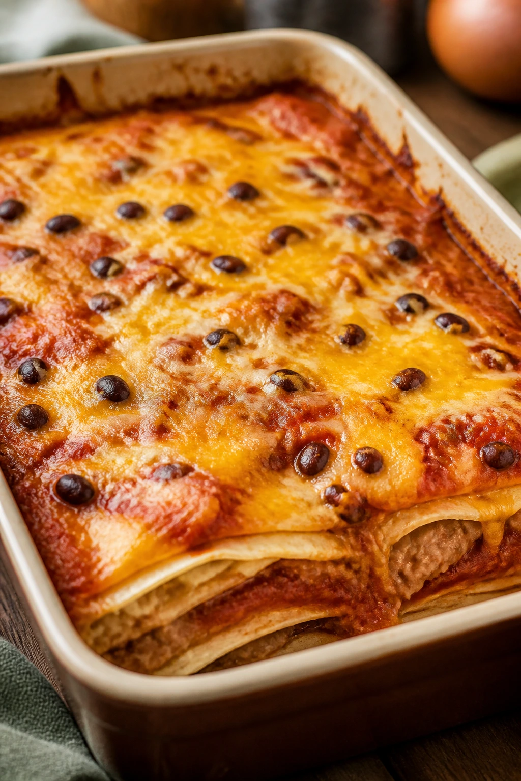 Baked bean and cheese burrito bake with golden cheese.