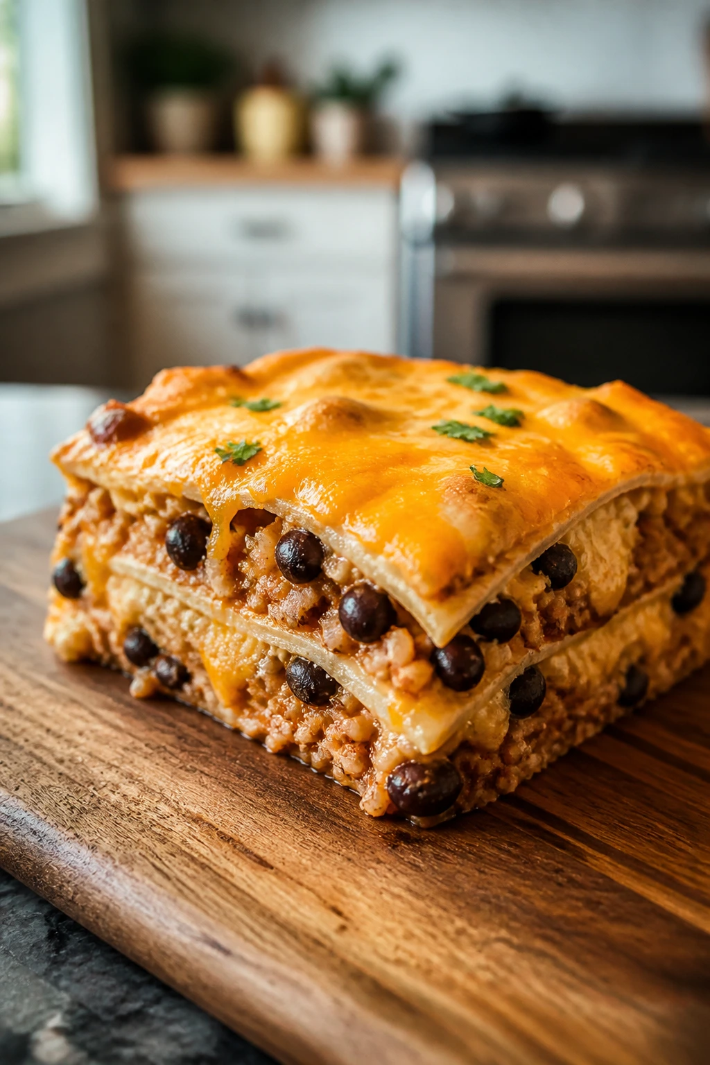 Close-up of a slice of bean and cheese burrito bake on a wooden board in a warm kitchen