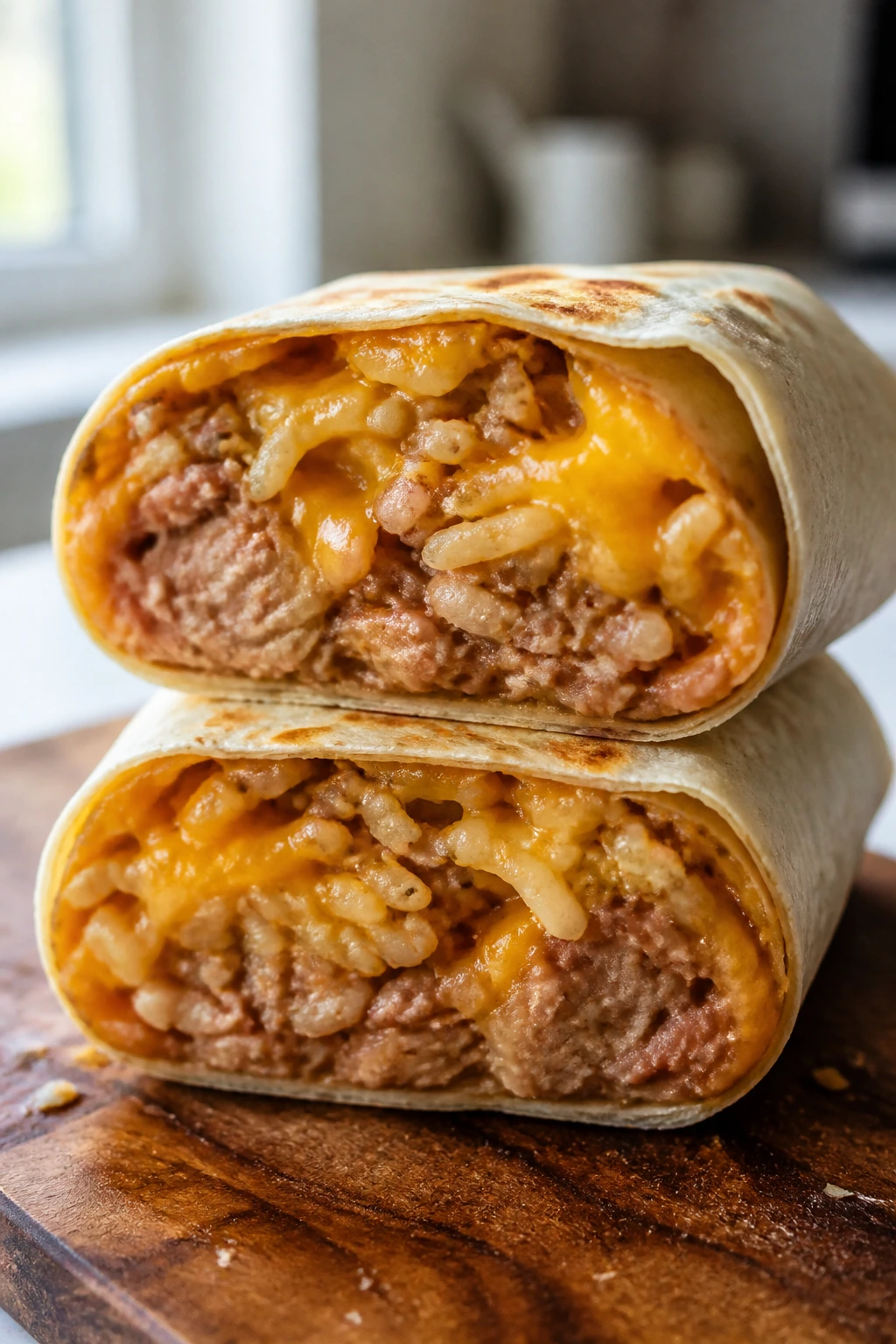 Close-up of a cheesy bean burrito cut in half showing beans, rice, and melted cheese on a wooden board