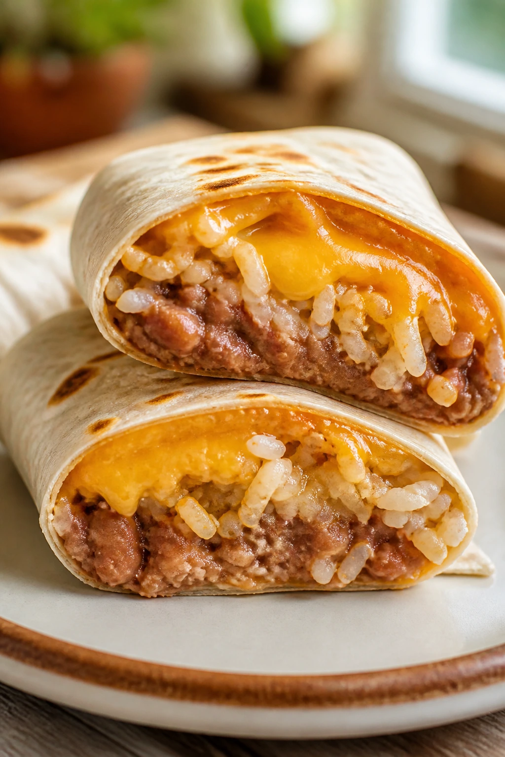 Cross-section of bean and cheese burrito showing rice and beans.