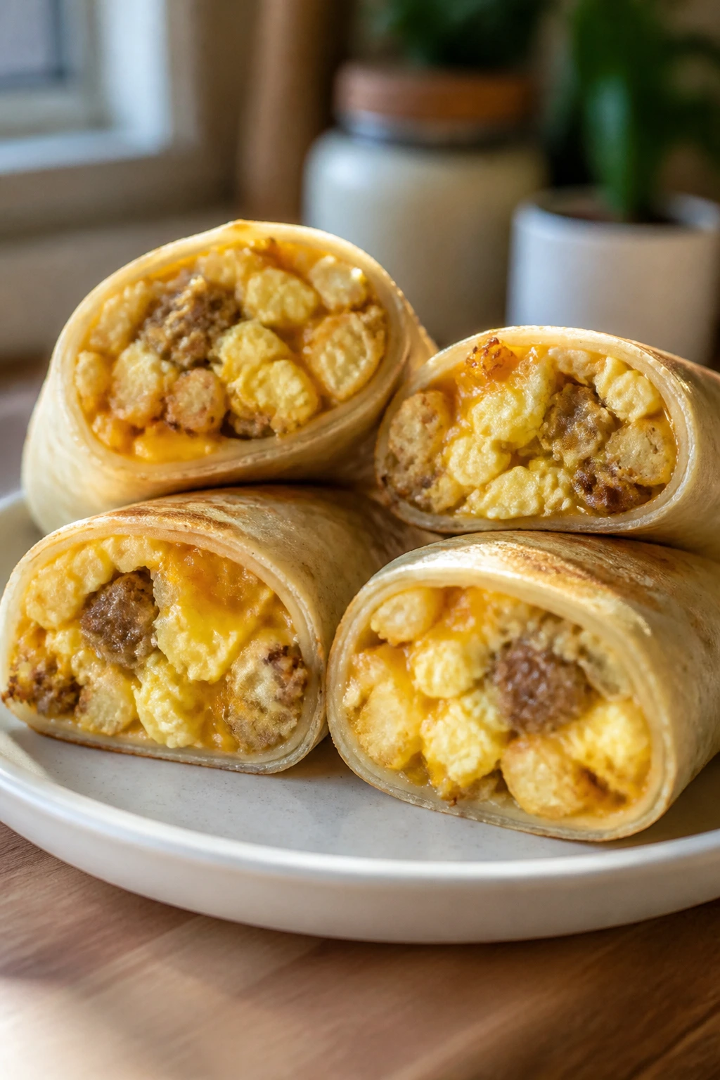 Burrito bites with egg sausage and cheese on plate