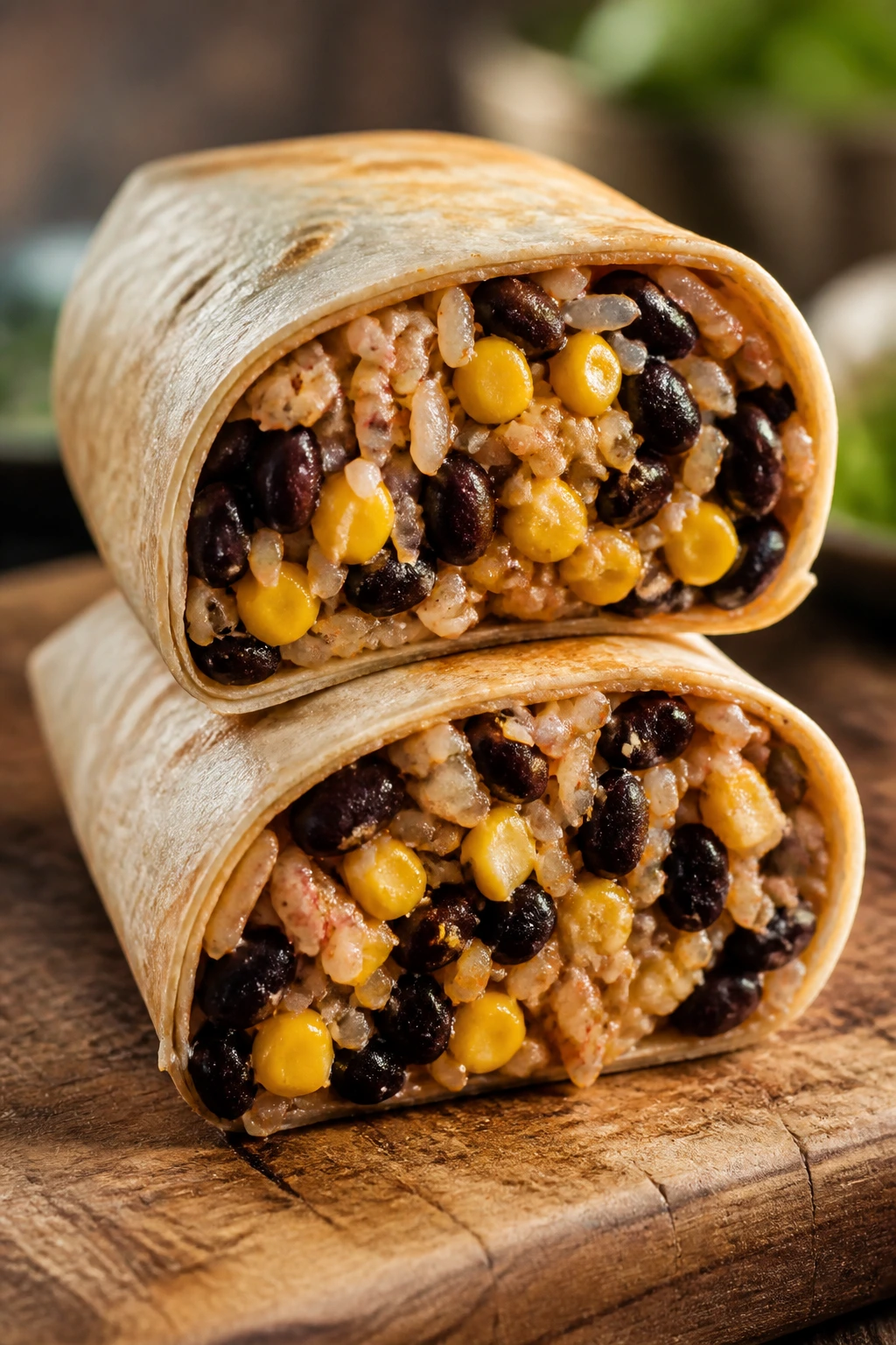 Close-up of a black bean and corn burrito half revealing filling on a wooden board