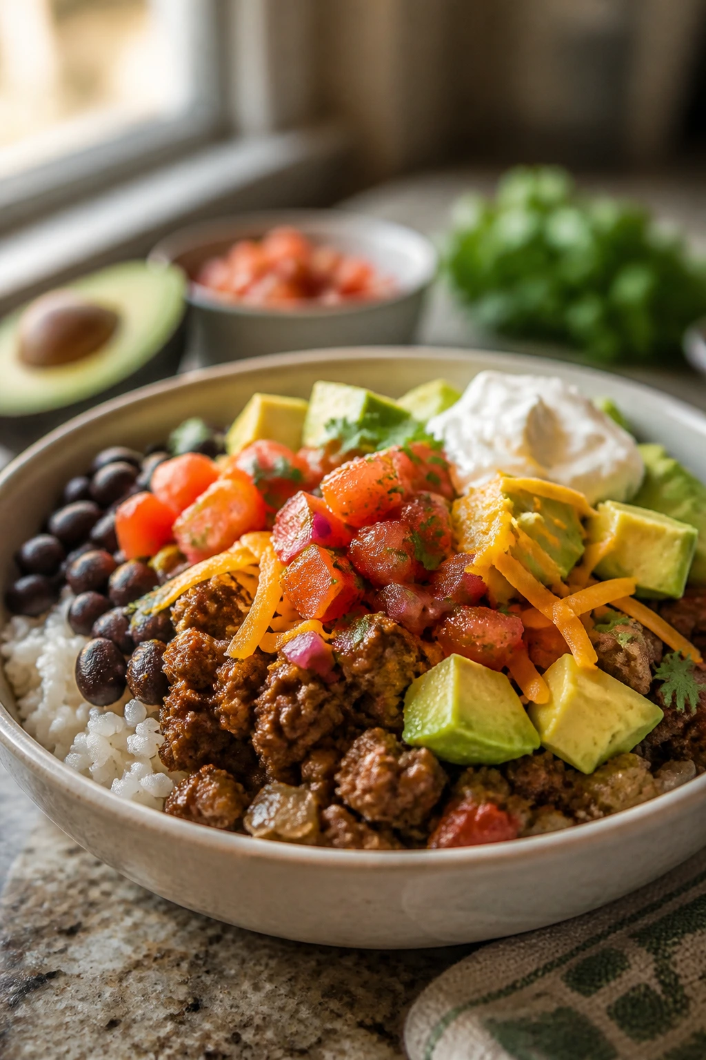 Close-up of a loaded burrito bowl with beef, beans, rice, salsa, avocado, and cheese on a kitchen counter.
