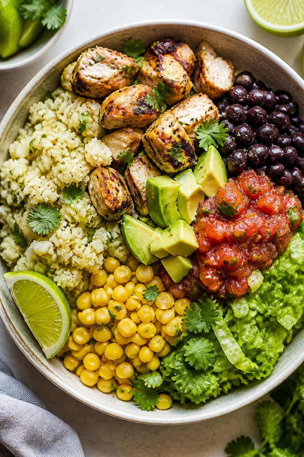 Top-down burrito bowl with cauliflower rice and colorful toppings