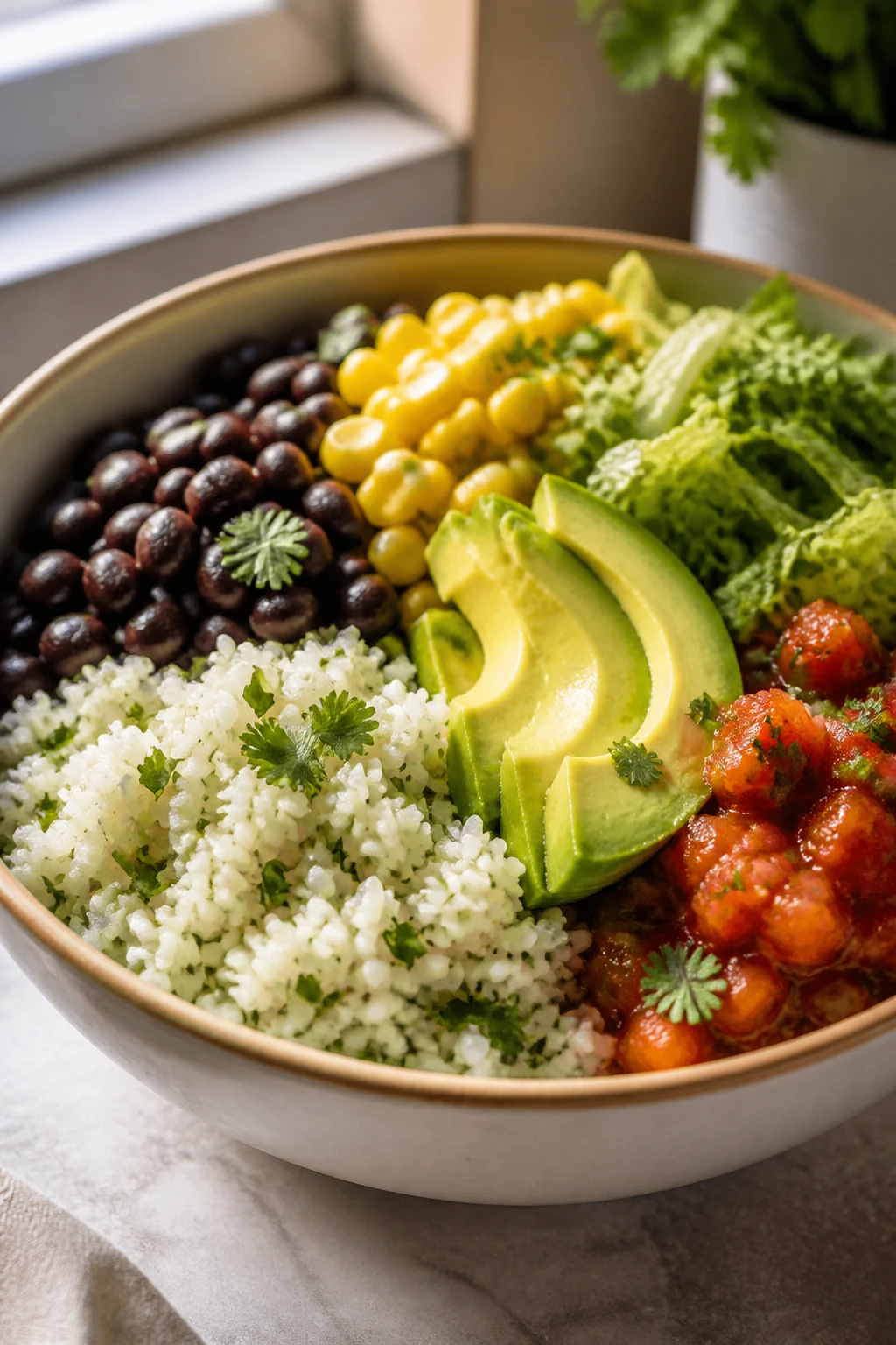 Close-up burrito bowl with cilantro lime rice and toppings