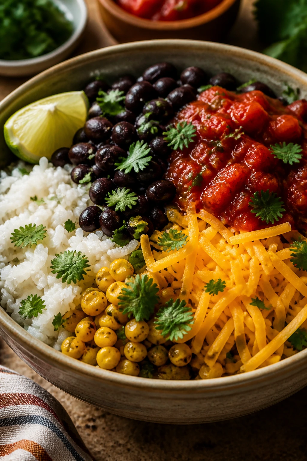 Burrito bowl with rice, beans, corn, salsa and cheese in a cozy kitchen.