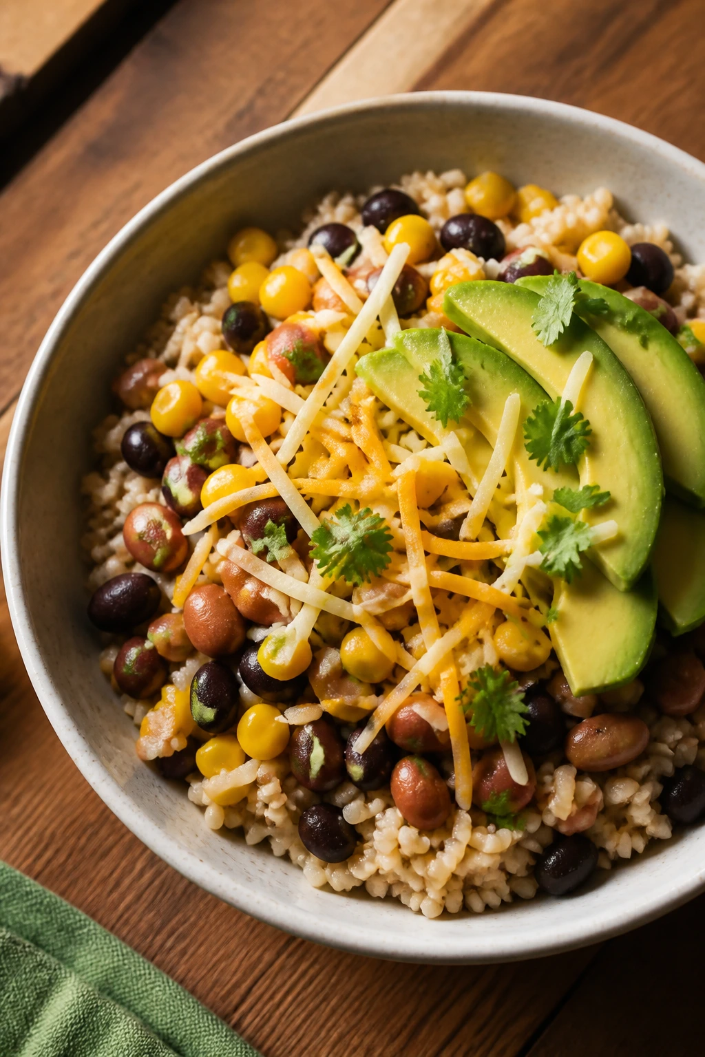 Close-up of a burrito bowl with rice, beans, corn, cheese, and avocado