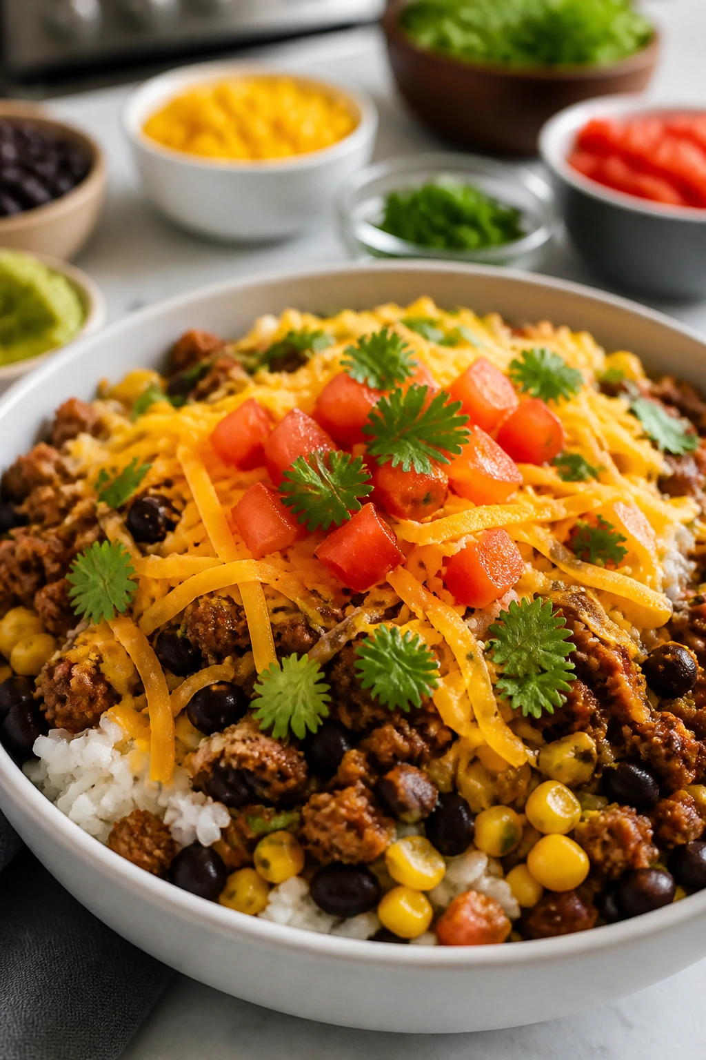 Burrito bowl with beef, beans, corn and cheese filling the bowl