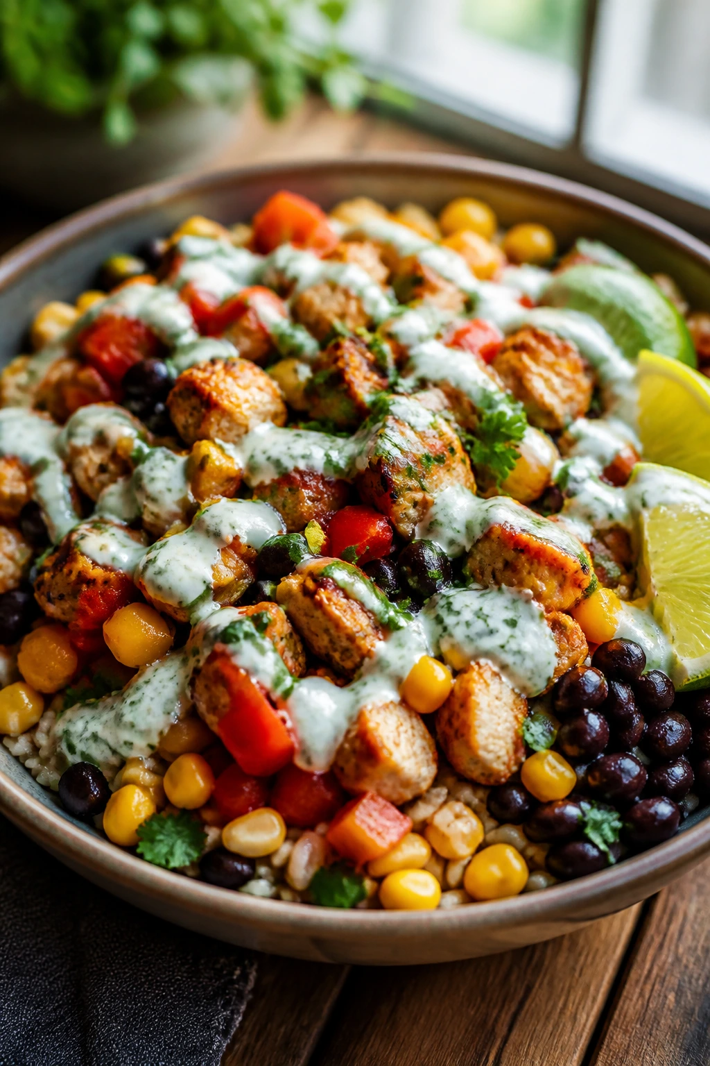 Generous burrito bowl with rice, beans, chicken, peppers, corn and lime yogurt sauce on a wooden table