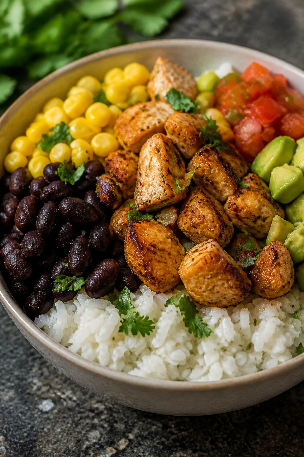 Chicken burrito bowls with black beans and rice