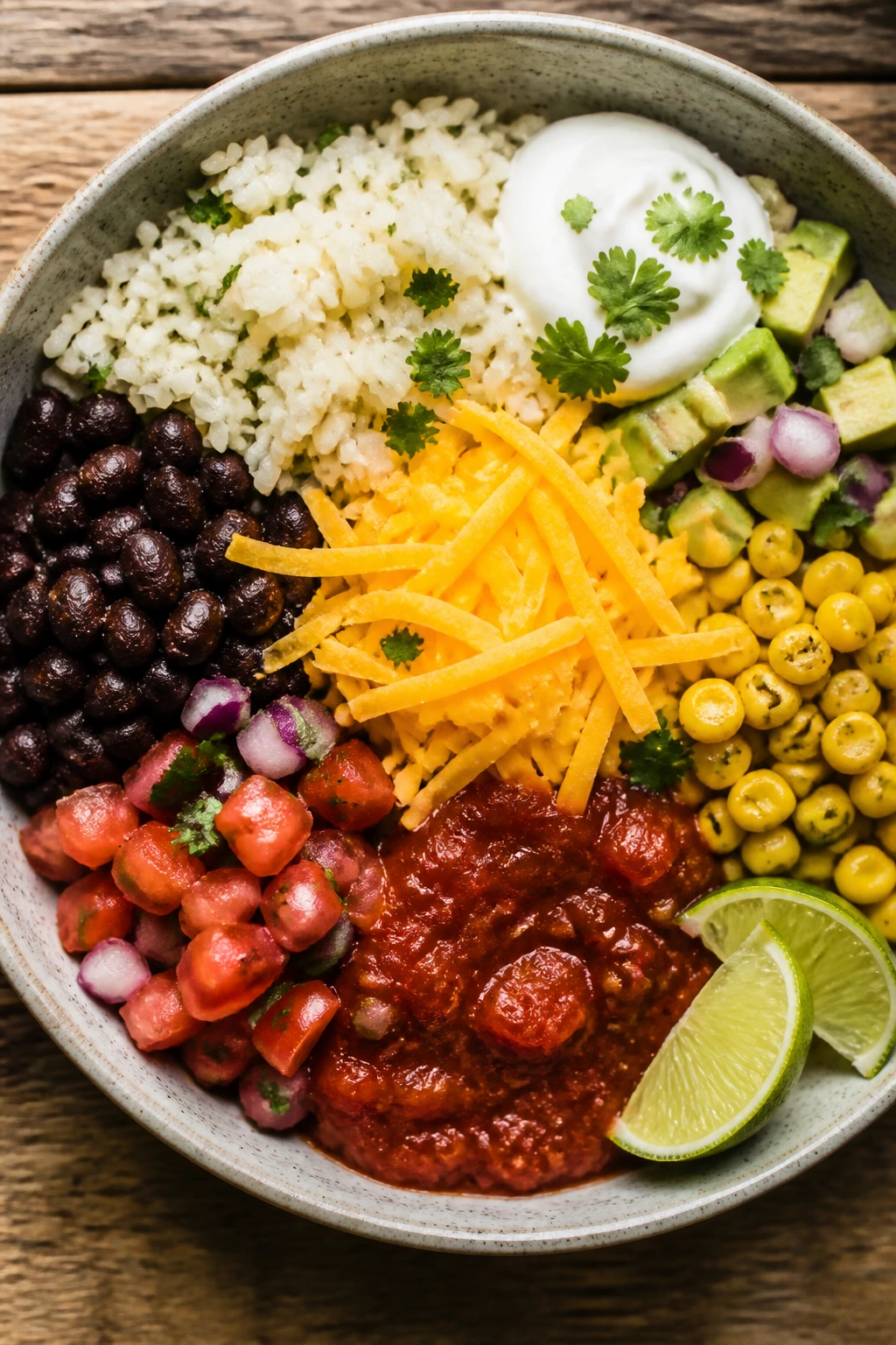 Top-down burrito bowl with rice, beans, corn, salsa and cheese