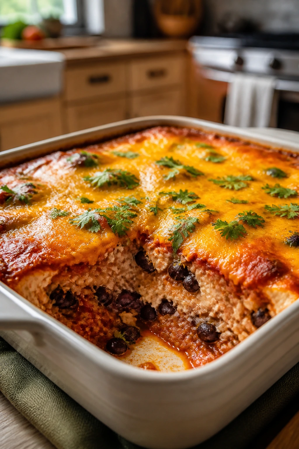 Layered burrito casserole with beans and cheese