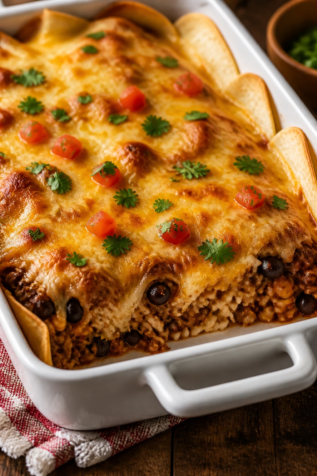 Close-up of beef and bean burrito casserole with cheese
