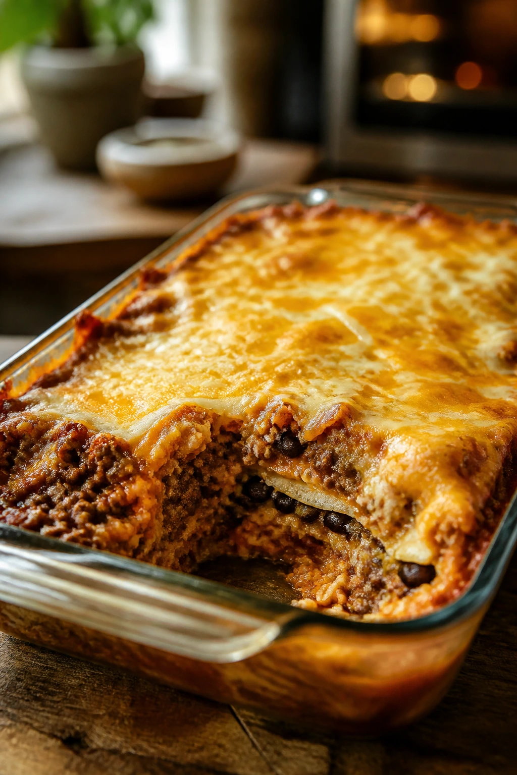 Close-up of bubbling beef and bean burrito casserole in a baking dish