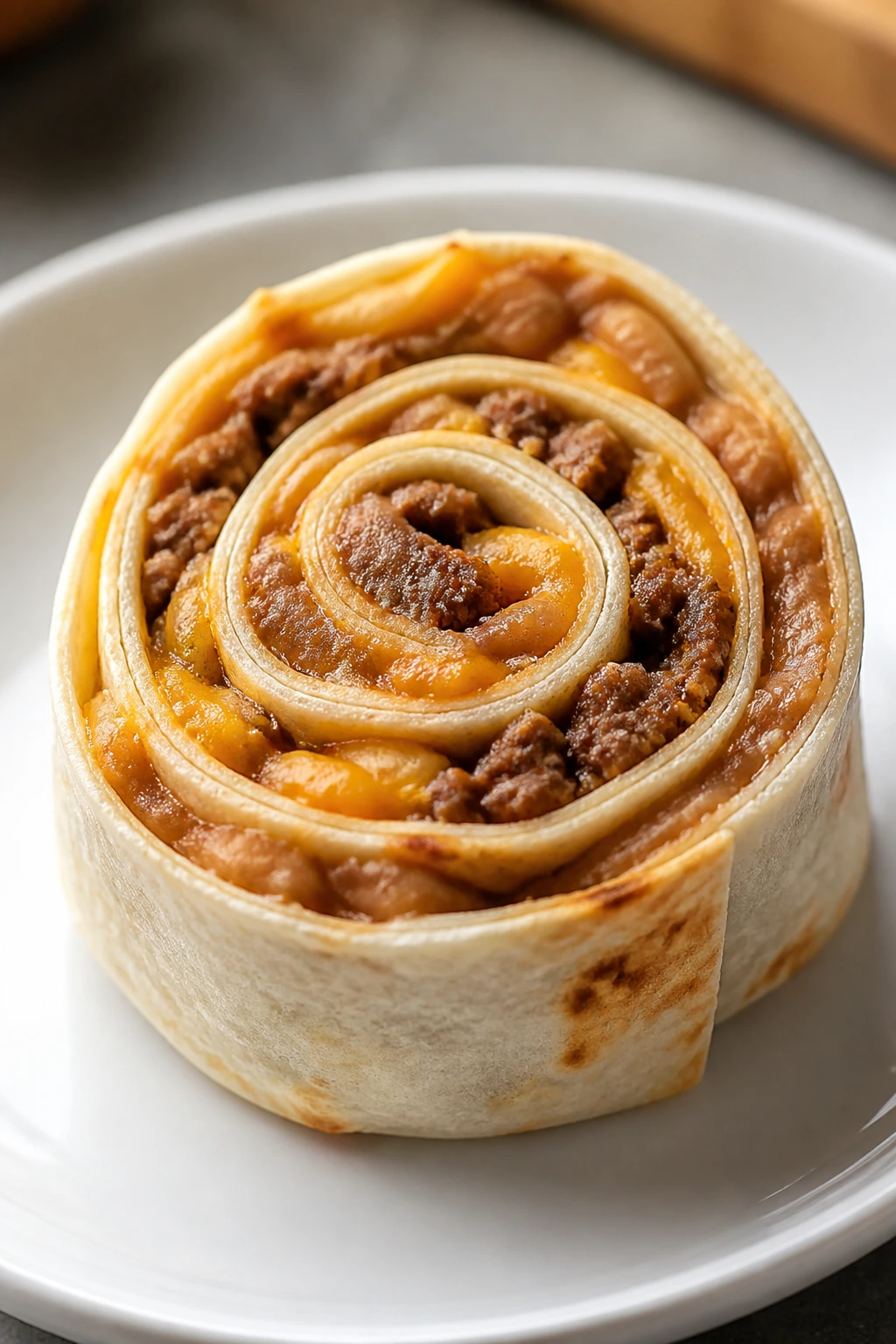 Close-up of a slice of beef and bean burrito pinwheel showing spiral filling