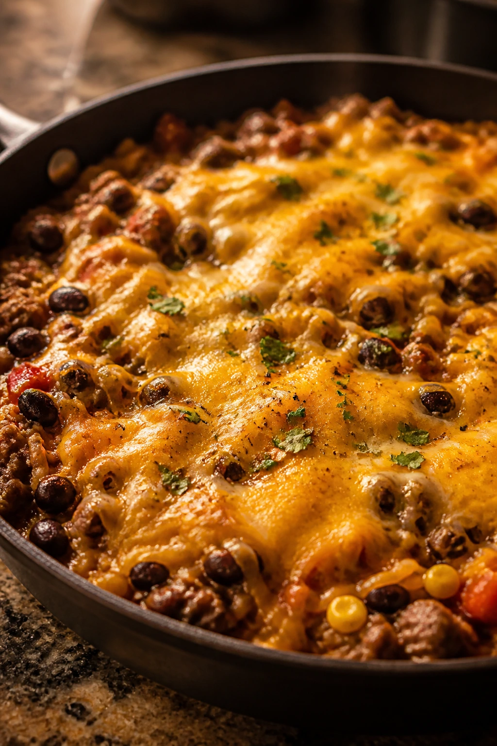 Skillet beef and bean burrito skillet with melted cheese