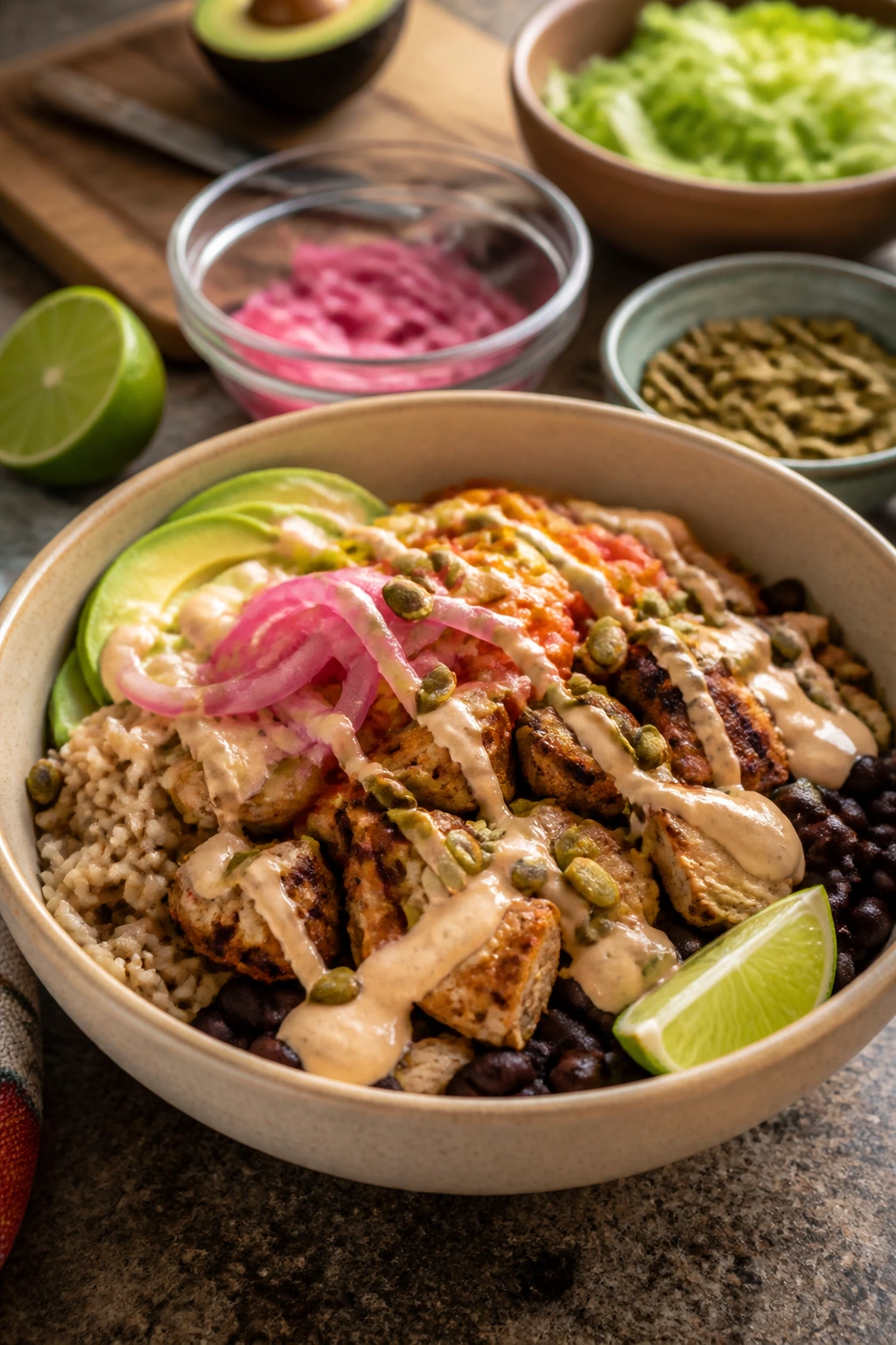 Burrito bowl featuring smoky adobo yogurt drizzle and extra toppings