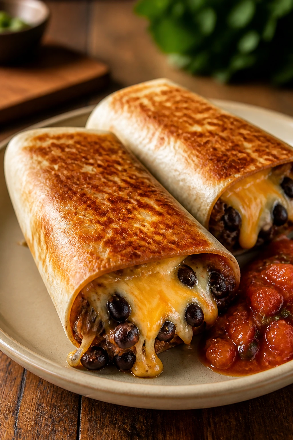 Crispy bean and cheese burritos on a plate in a warm kitchen
