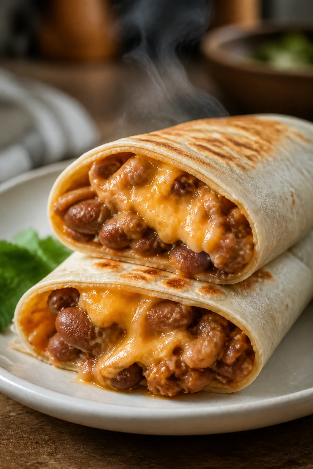 Close-up burrito halves showing bean and cheese filling