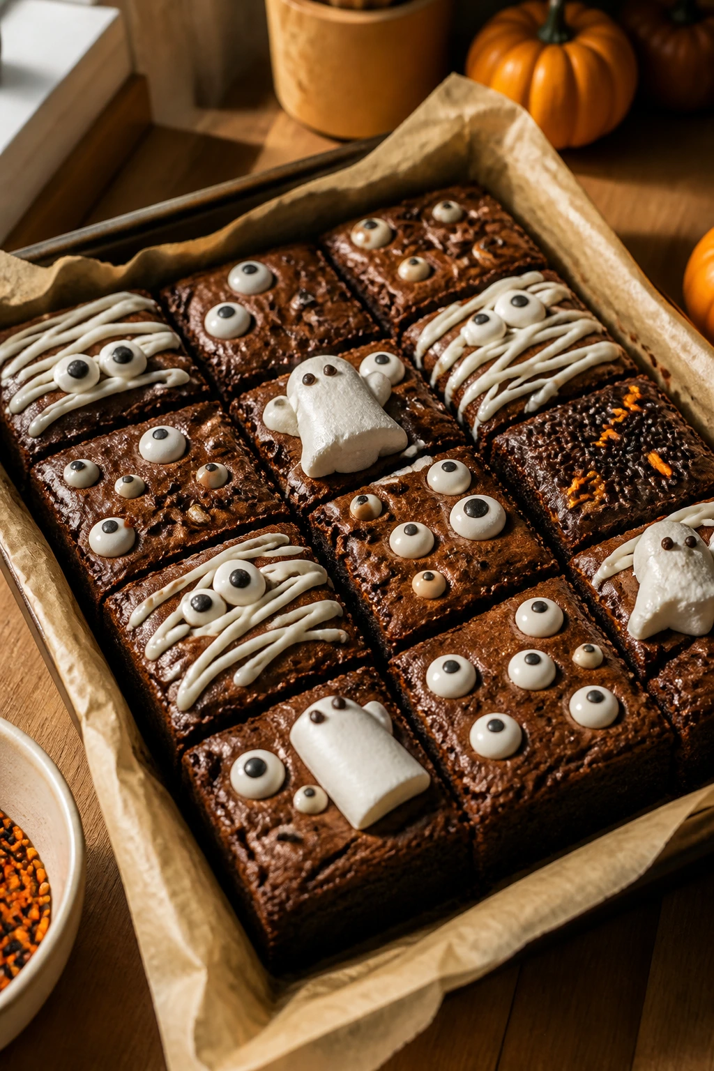 Close-up of decorated Halloween brownies on parchment in a warm kitchen