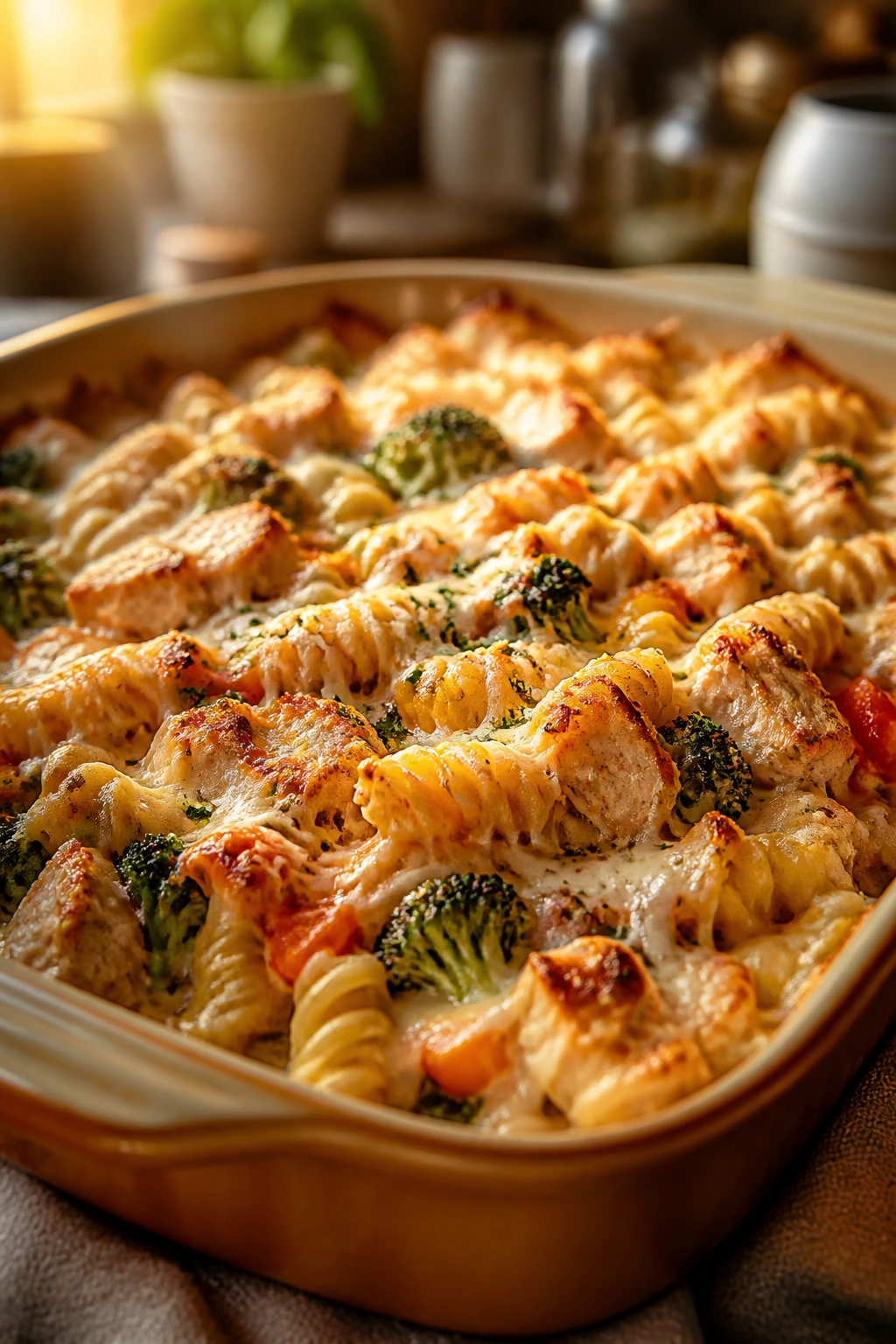Close-up of a comforting chicken pasta bake filling the frame in a cozy kitchen