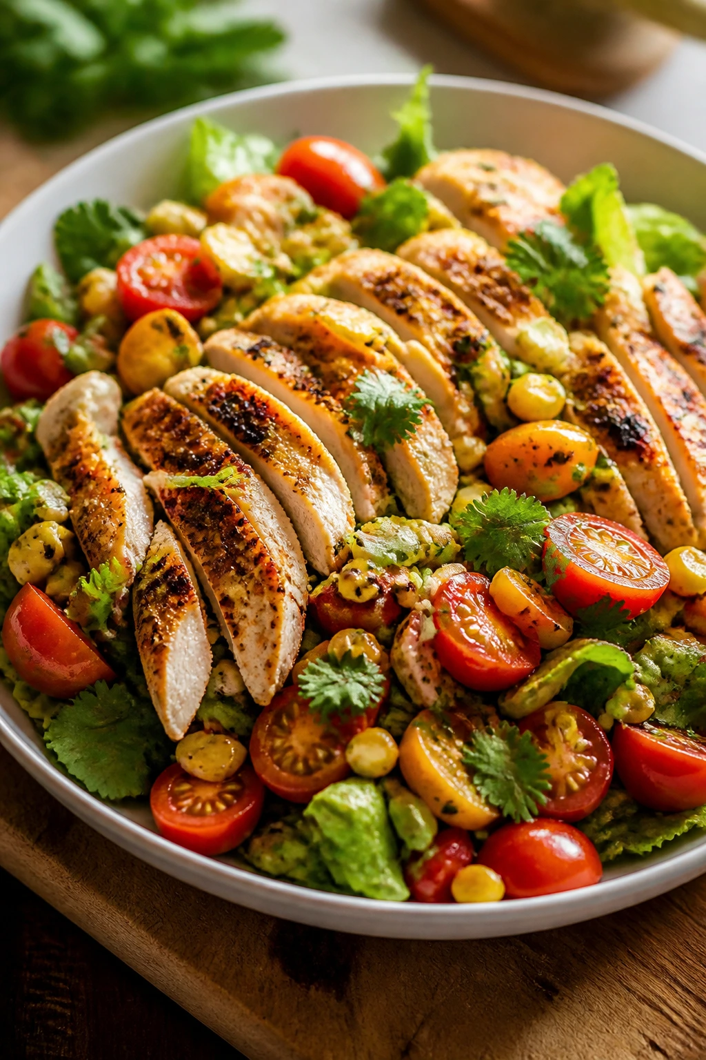 Close-up of a vibrant summer dinner plate with grilled chicken and greens on a rustic table