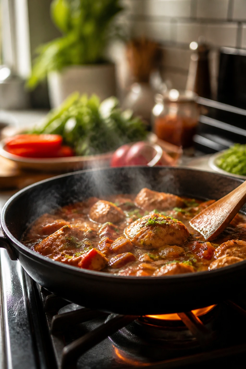 Skillet with browning vegetables and sauce on a stove