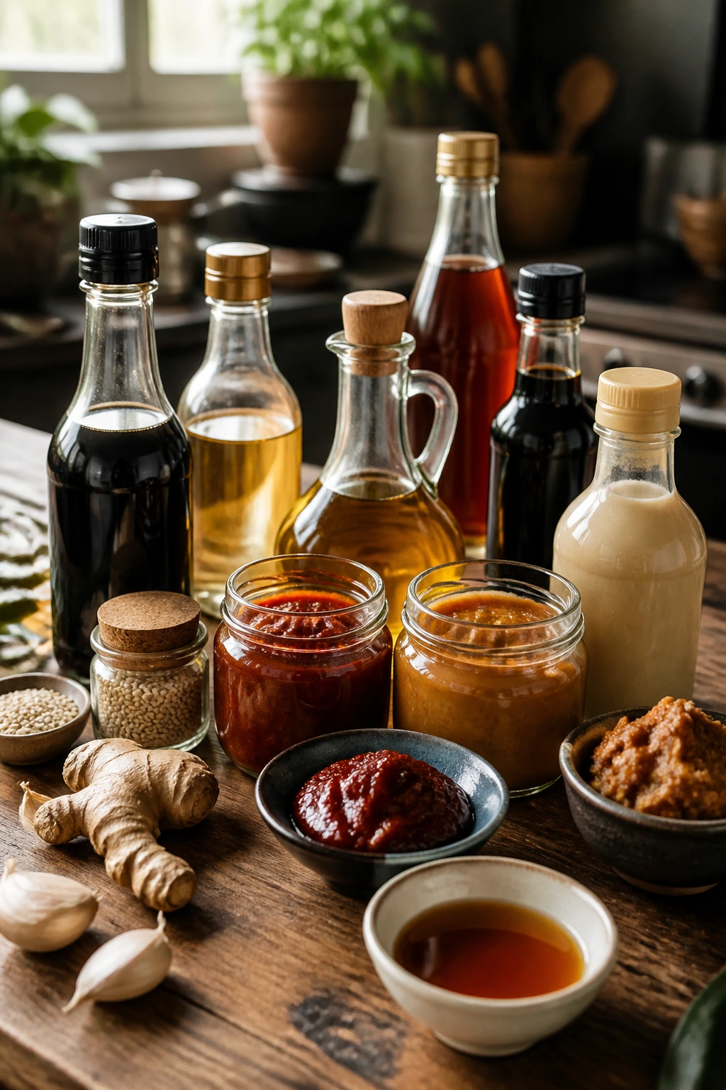Close-up of a rustic kitchen table with pantry sauces arranged for quick weeknight meals