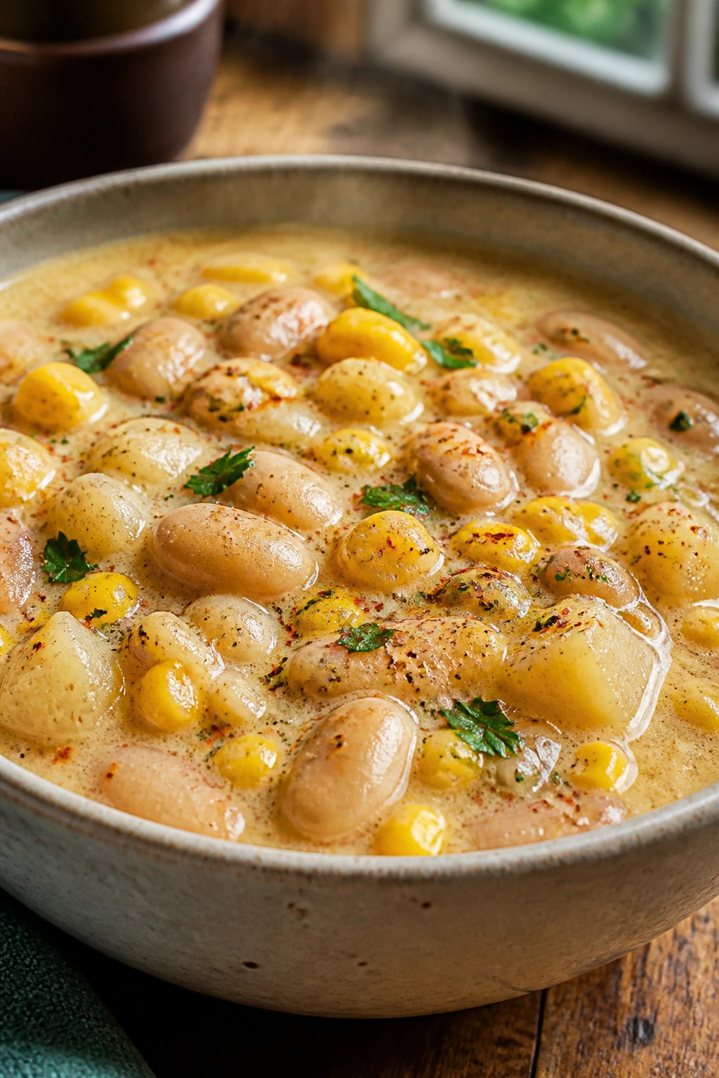 Close-up of Butter Bean and Corn Chowder in a rustic bowl with butter beans and corn