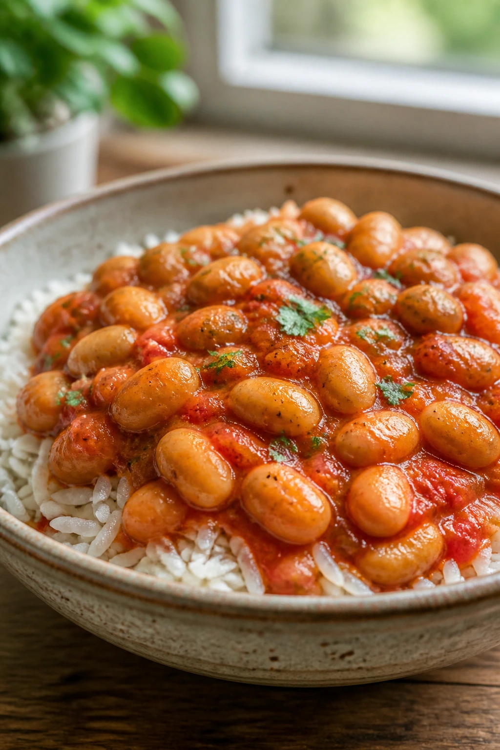 Creamy butter beans in tomato sauce over rice in a rustic bowl