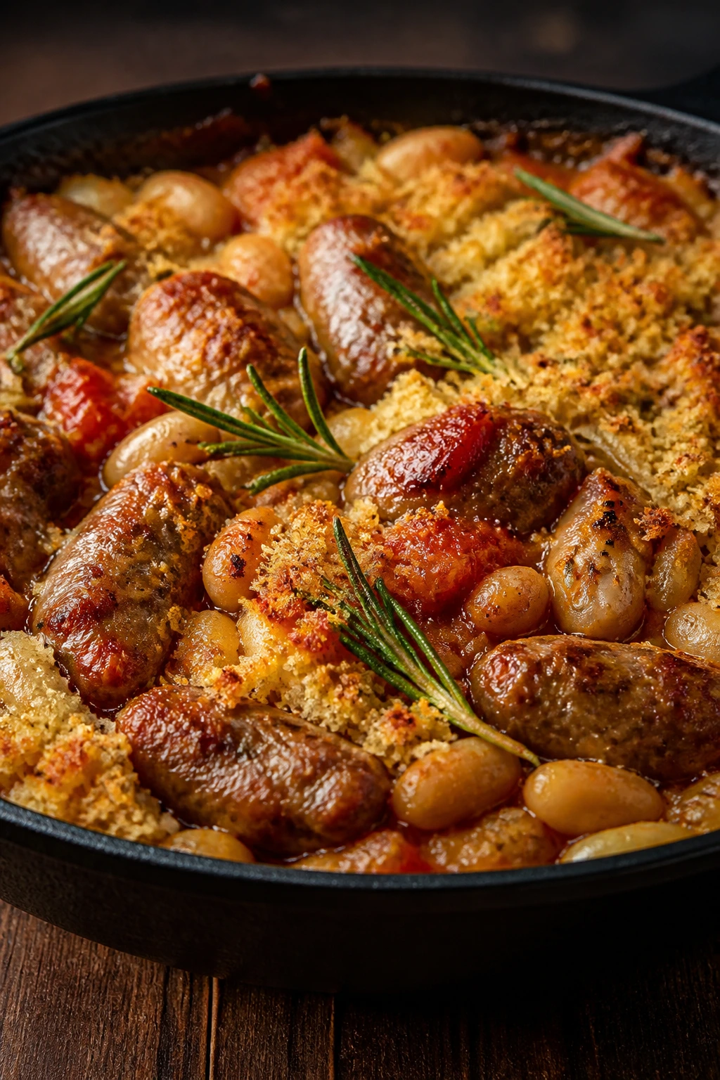 Sausage with butter beans and rosemary in a bubbling bake