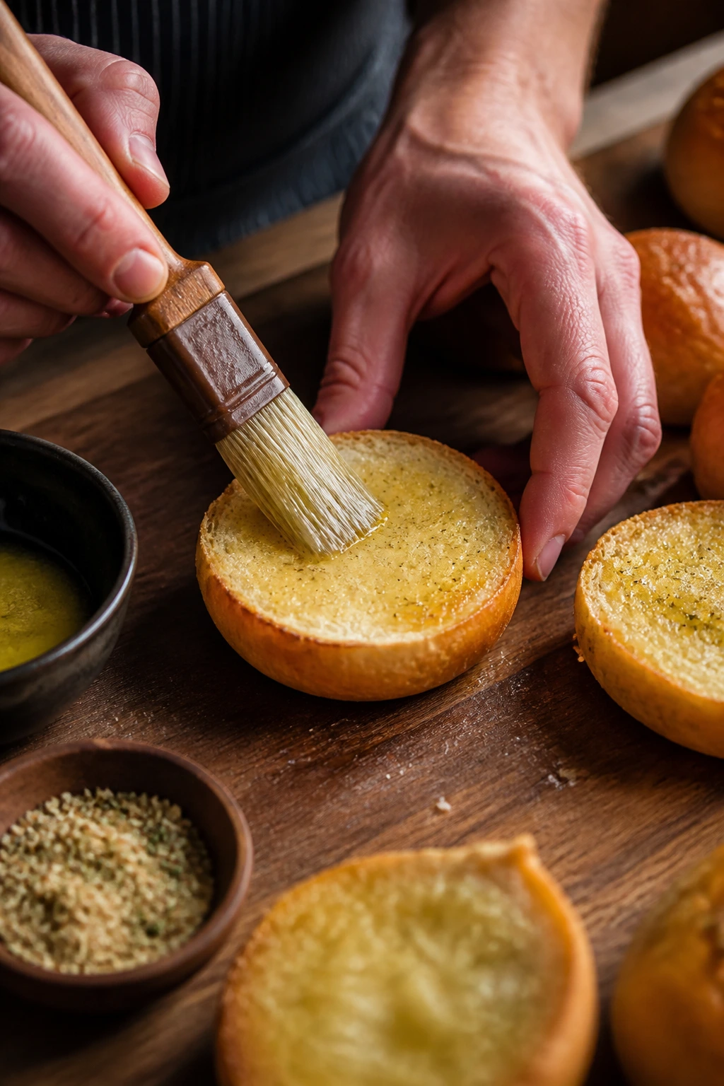 Hands brushing butter on a slider bun for flavor boost in a warm kitchen