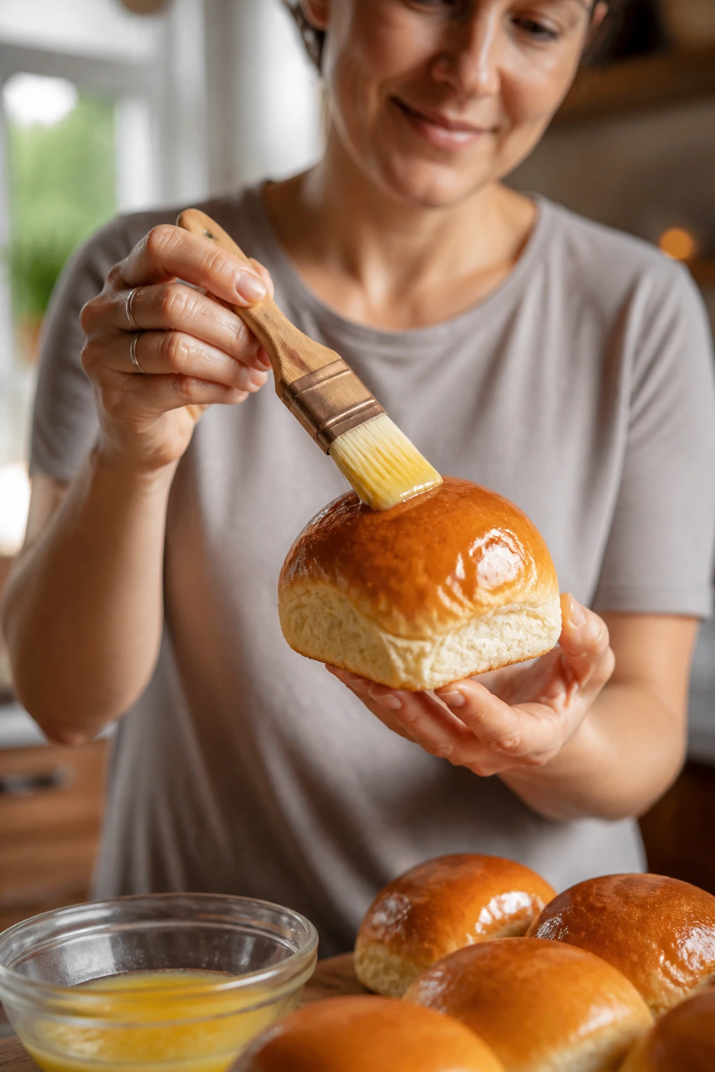 Person brushing melted butter on a slider bun in a home kitchen