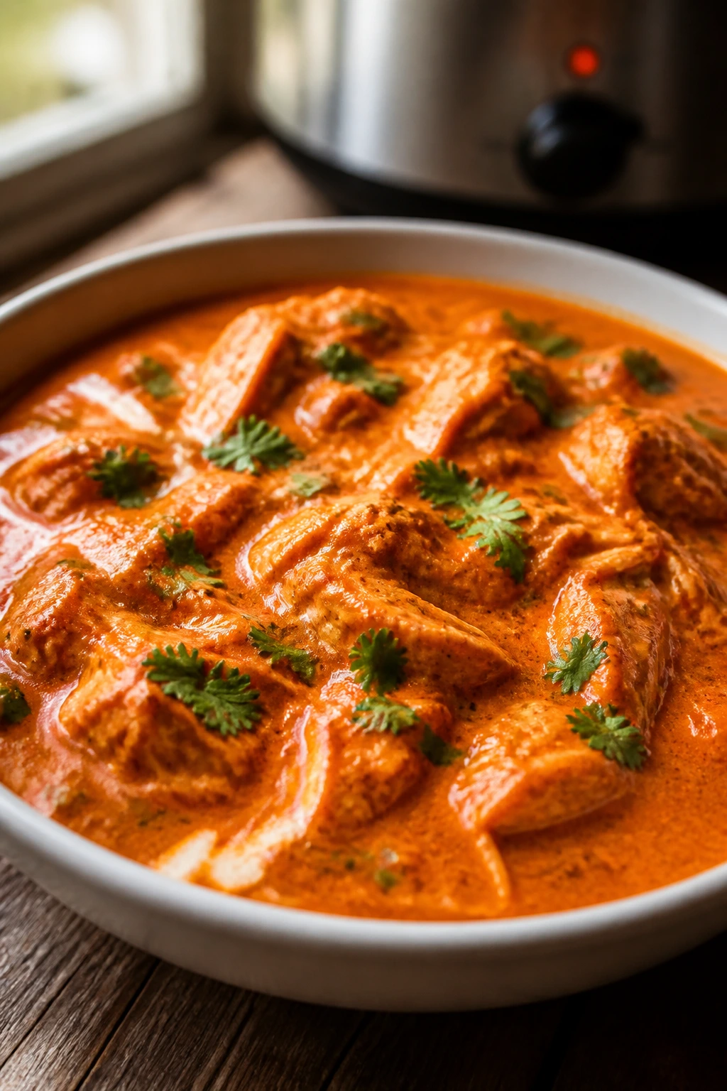 Close-up of creamy butter chicken in a glossy tomato-cream sauce on a rustic wooden table