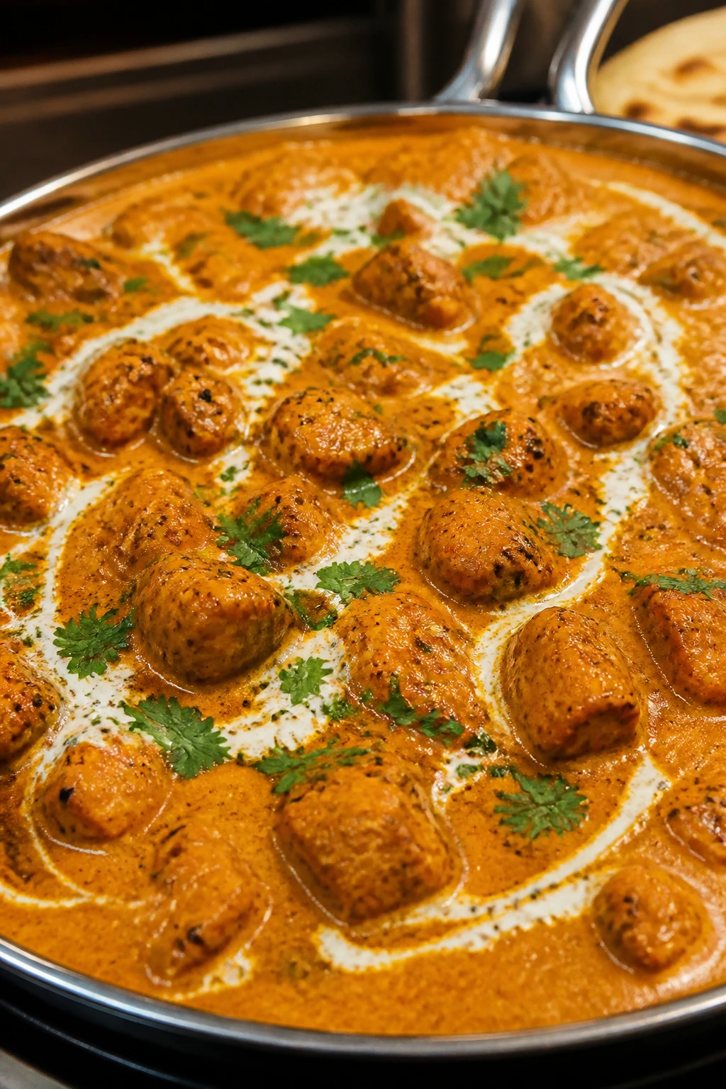 Creamy butter chicken in serving dish