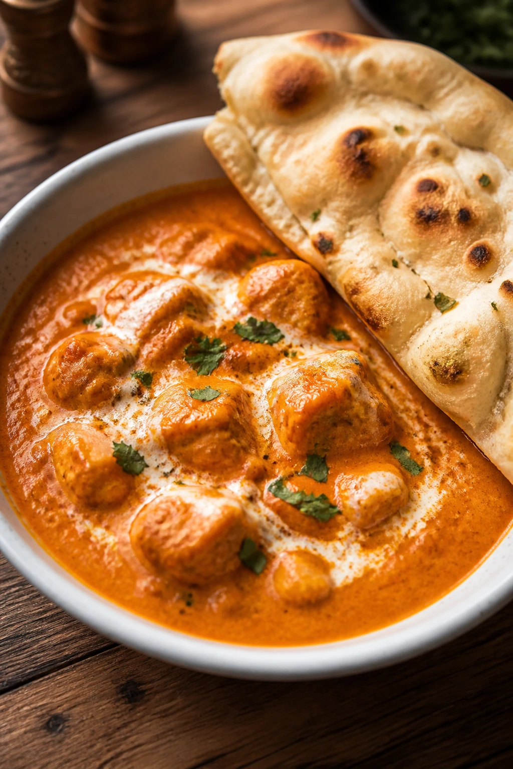Close-up of mild butter chicken with naan on a wooden table