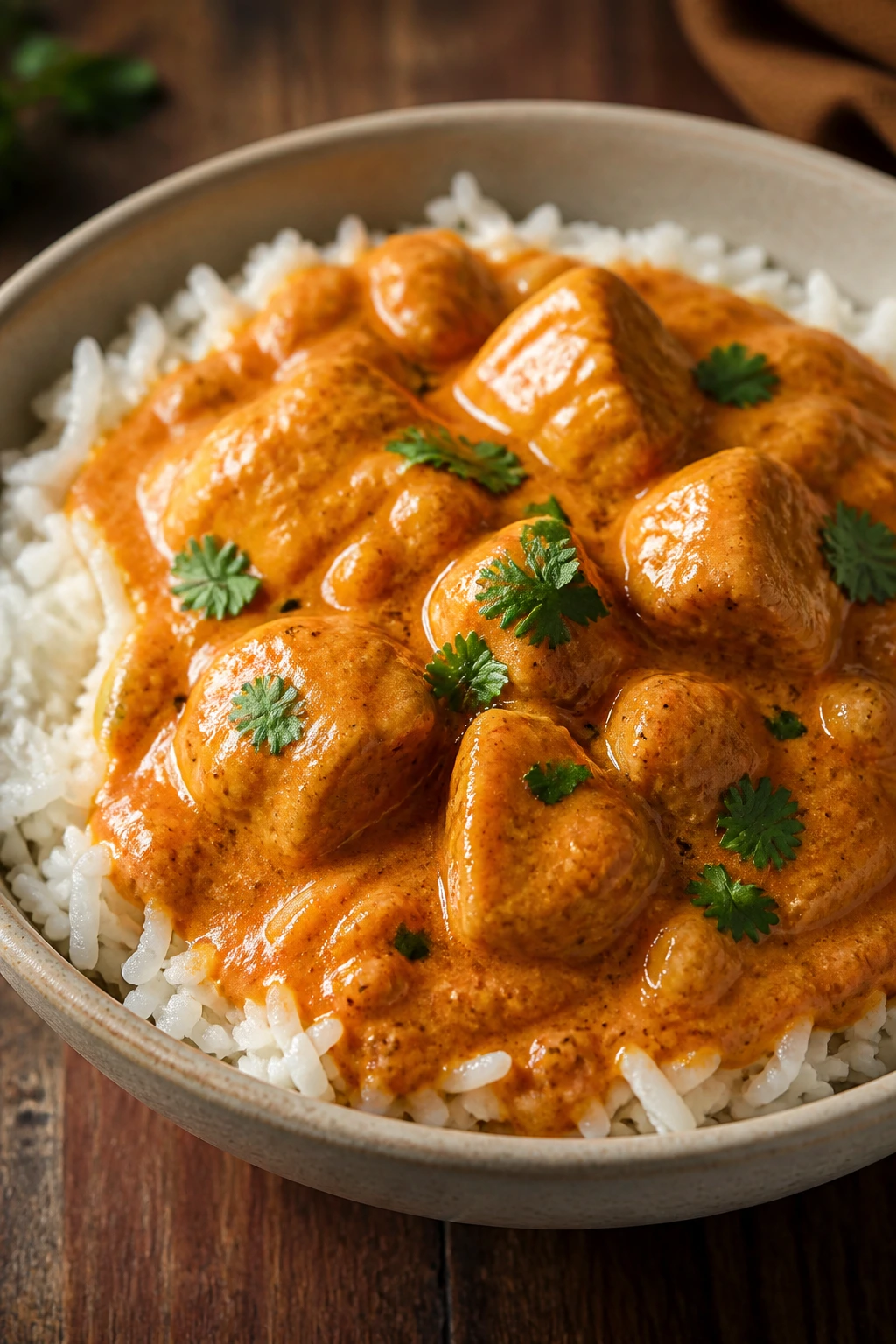 Close-up of butter chicken with rice in a bowl