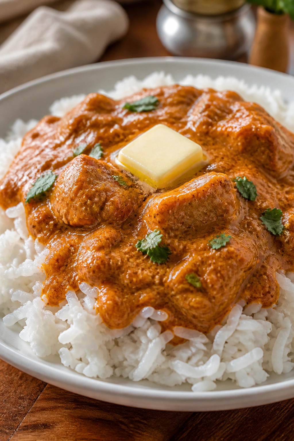 Plate of mild butter chicken with rice in a home kitchen