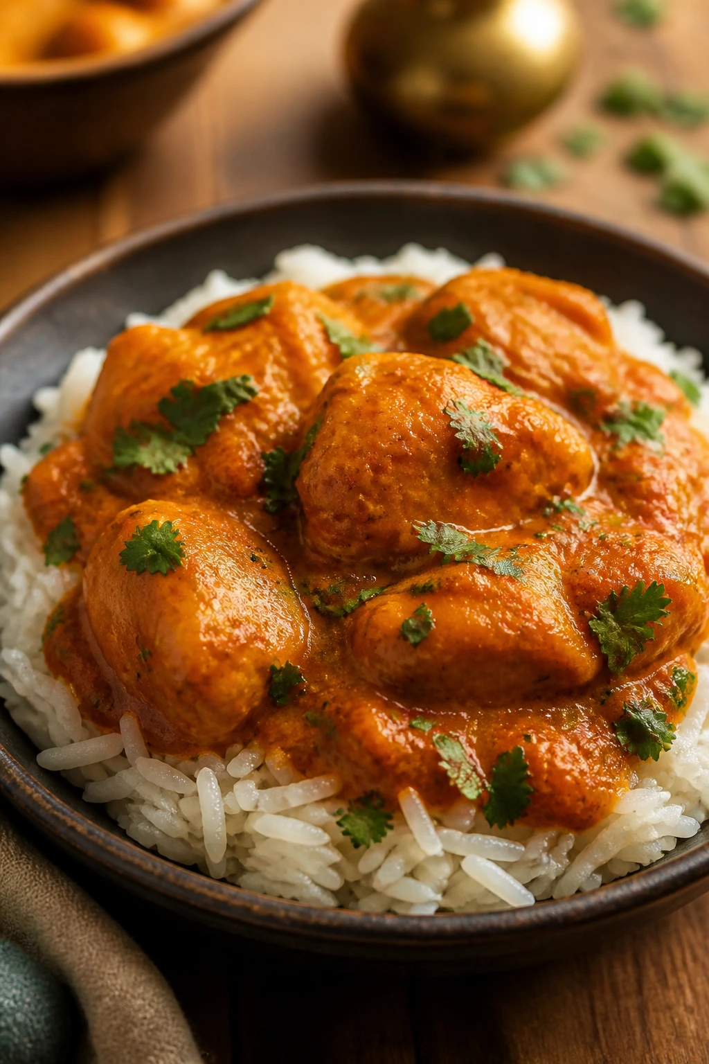 Close-up butter chicken with rice in a cozy kitchen