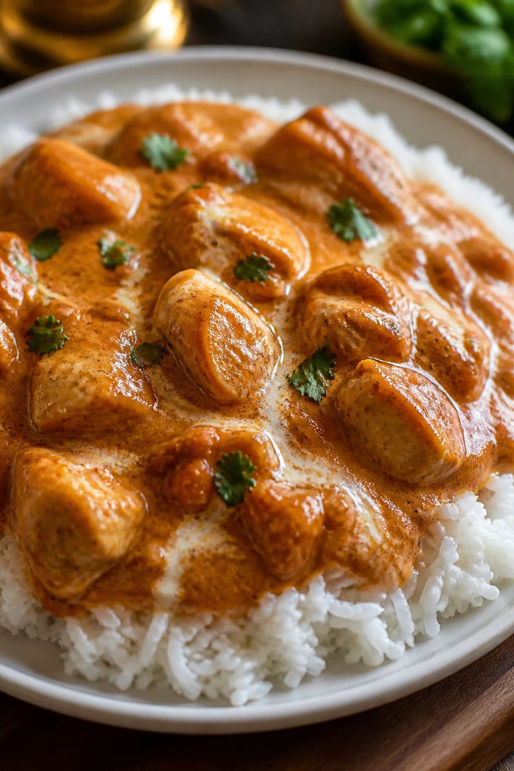 Close-up of mild butter chicken with rice on a simple plate