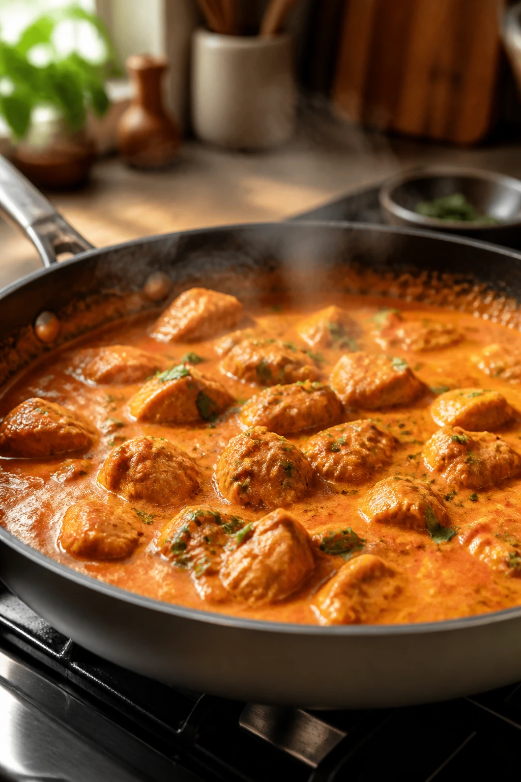 Creamy butter chicken skillet with bite-sized chicken on a stovetop
