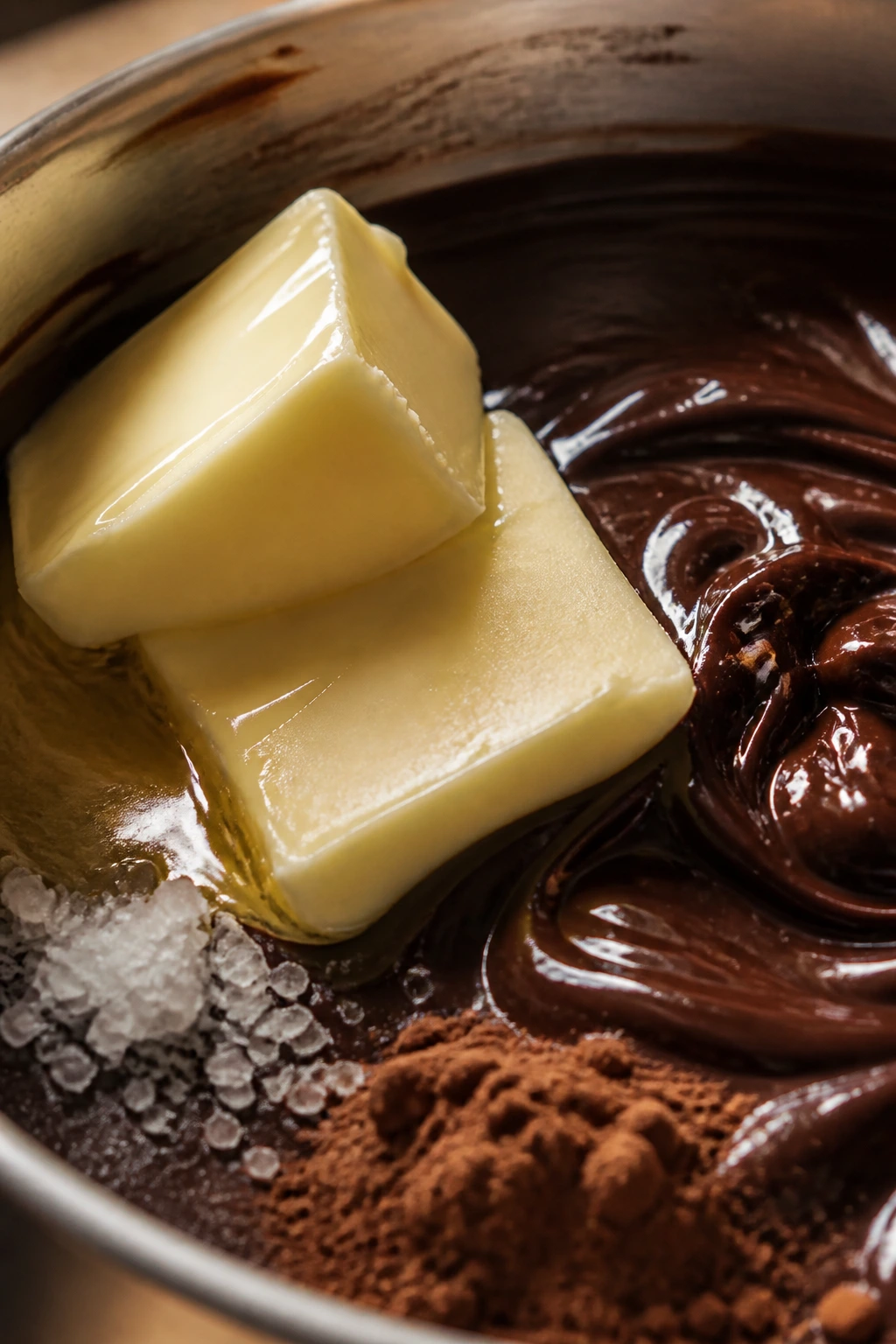 Close-up of butter and melted chocolate highlighting ingredients in brownie