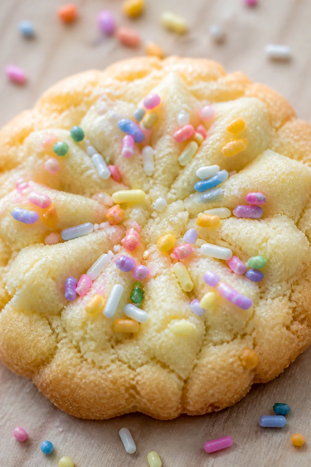 Close-up of a butter cookie with pastel Easter sprinkles