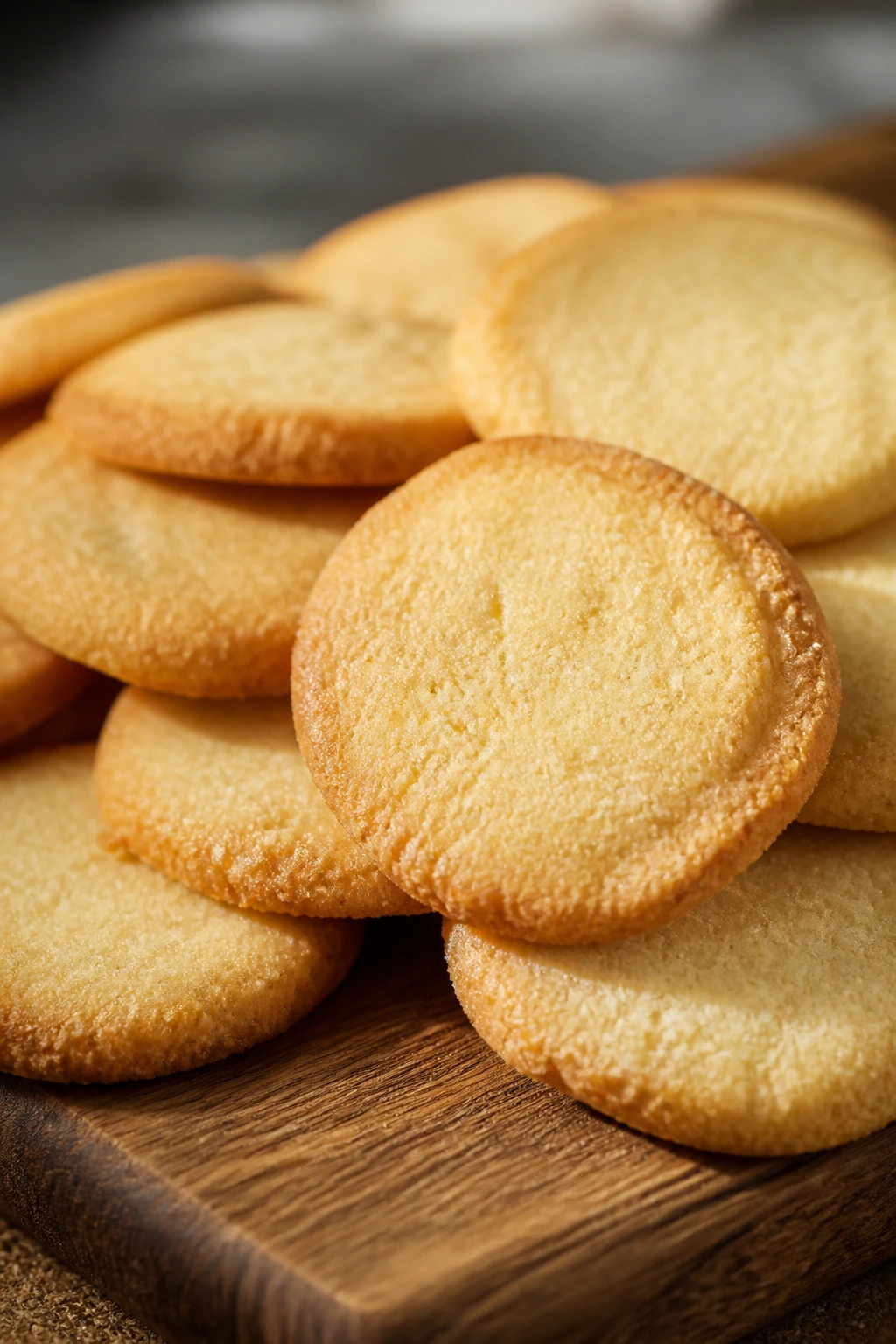 Close-up of butter cookies on a wooden board in warm kitchen light