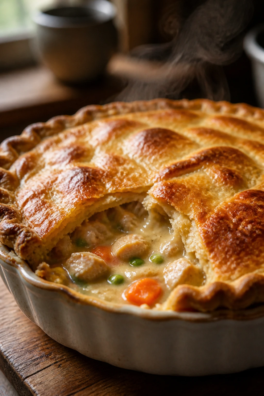 Classic butter-crust chicken pot pie with cracked golden crust and creamy filling