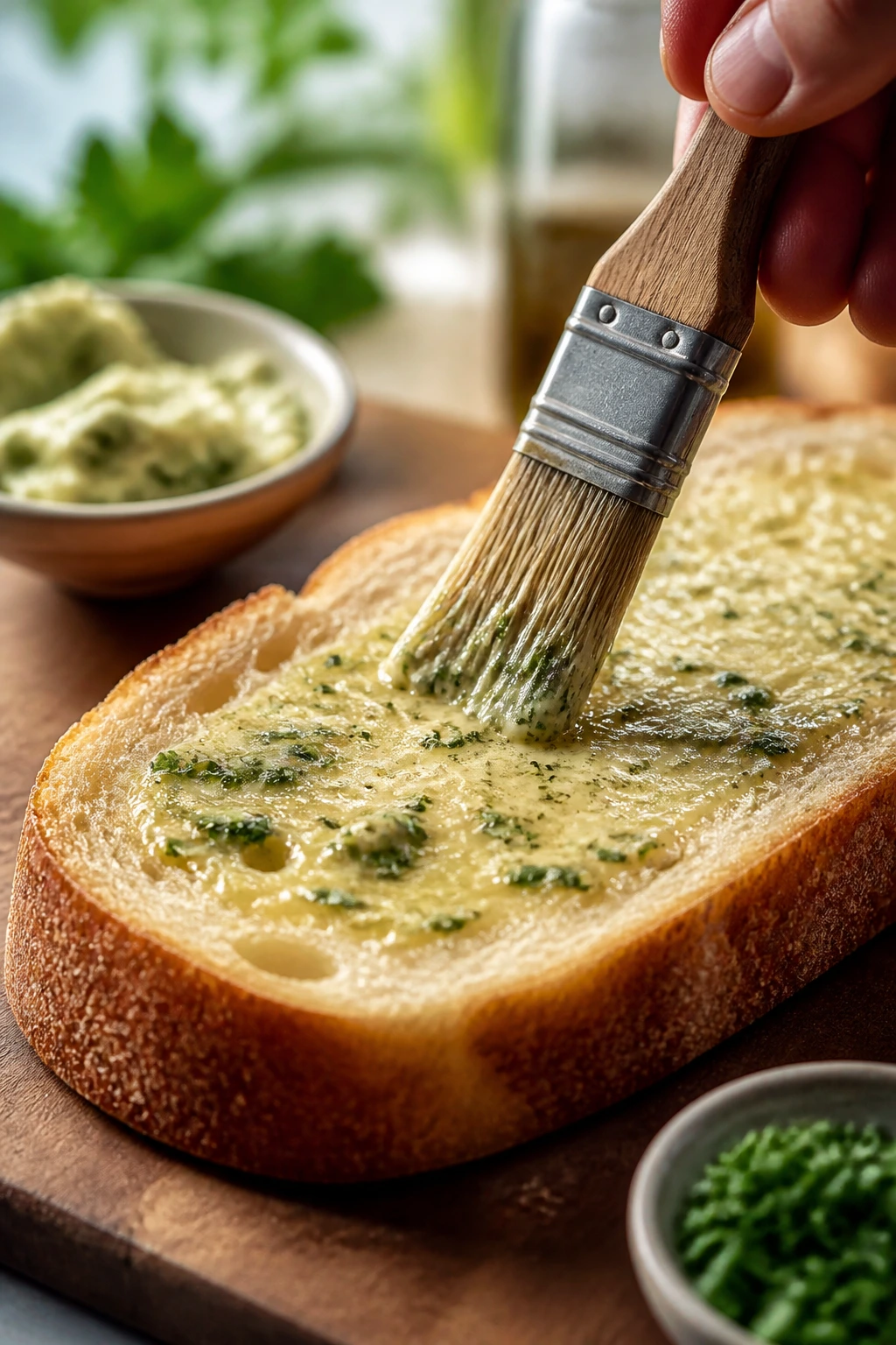Hand applying herb butter to bread crust for extra flavor