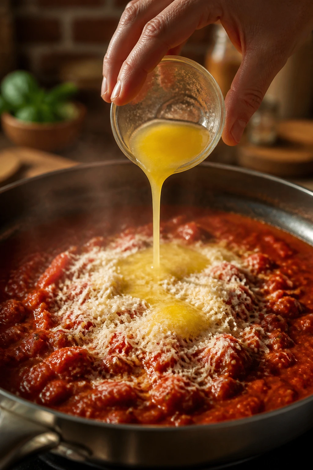 Close-up of hand pouring butter into tomato sauce in a pan