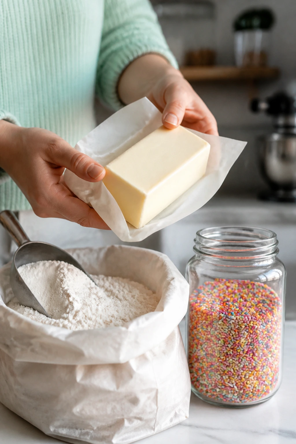 Hands selecting butter with flour and sprinkles on a bright counter